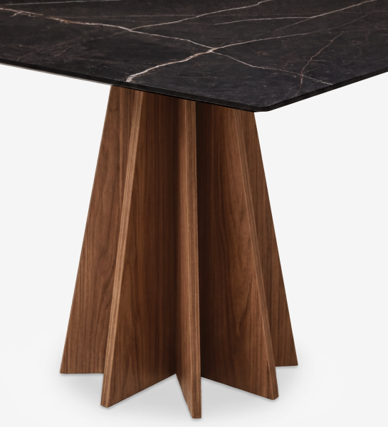 Table à Manger Lagos avec plateau noir veiné et base sculptée en bois