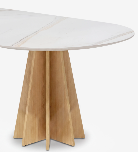 Mesa de comedor Lagos con tablero redondo tipo mármol y base pedestal de madera