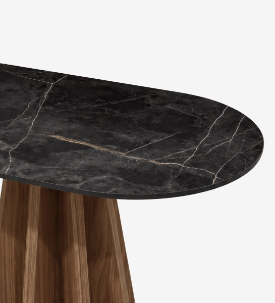 Console Lagos plateau marbre noir ovale et piétement bois cannelé