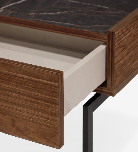 Lagos Bedside Table close-up of open drawer with wood veneer, marble top and metal leg