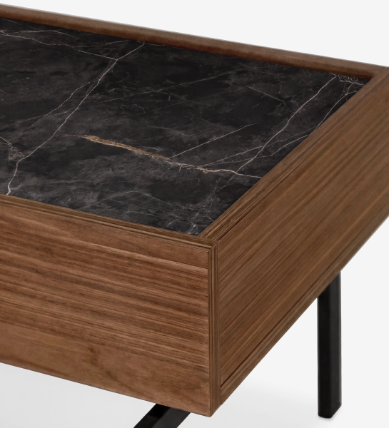 Lagos Bedside Table with black marble top and walnut frame on black metal legs