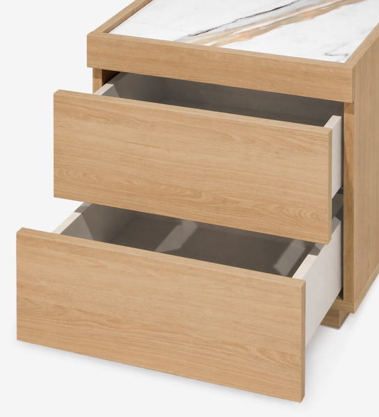 Lagos Bedside Table with two open drawers, oak finish and marble top