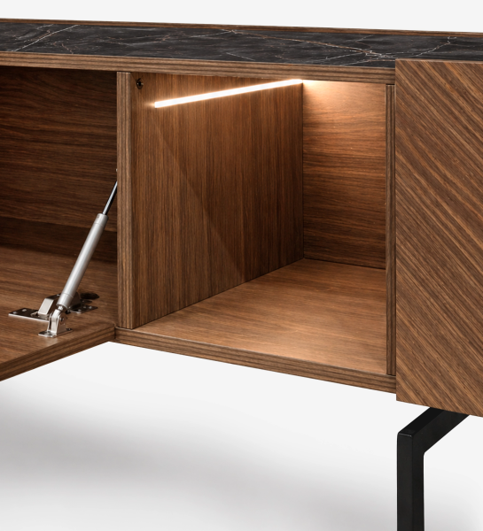 Lagos TV Stand open walnut cabinet with LED strip, gas hinge and black metal leg