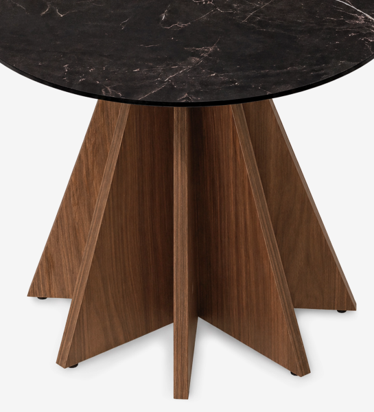 Lagos Center Table with round black marble top and star-shaped walnut wood base