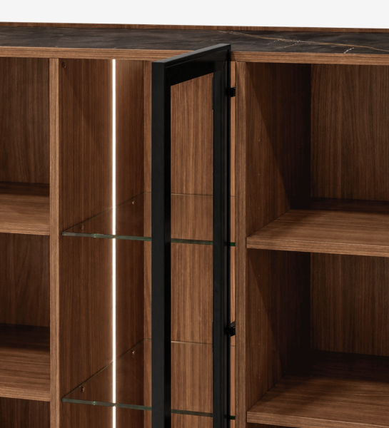 Lagos Cupboard with black-framed glass door, walnut shelves and LED strip lighting