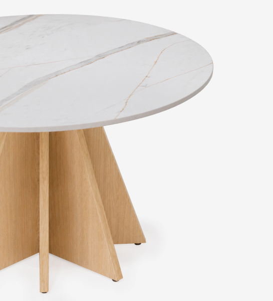 Lagos Center Table with round white marble top and angular oak wood base