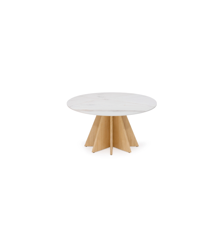 Mesa de Centro em carvalho cor natural com tampo em laminado mármore Calacatta Gold