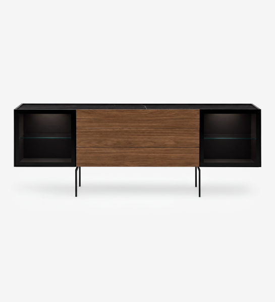 Lagos Sideboard walnut center with black frame and glass-shelved side compartments on slim legs