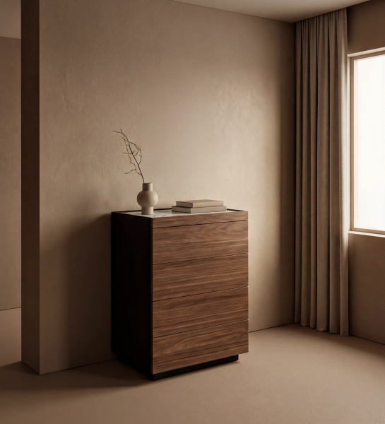 Lagos Dresser tall walnut dresser with pull-out desk, blue ottoman and woman by window