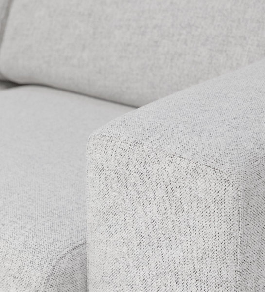 Sofá com Chaise Longue Lagos, detalhe do braço e assento em tecido cinza claro