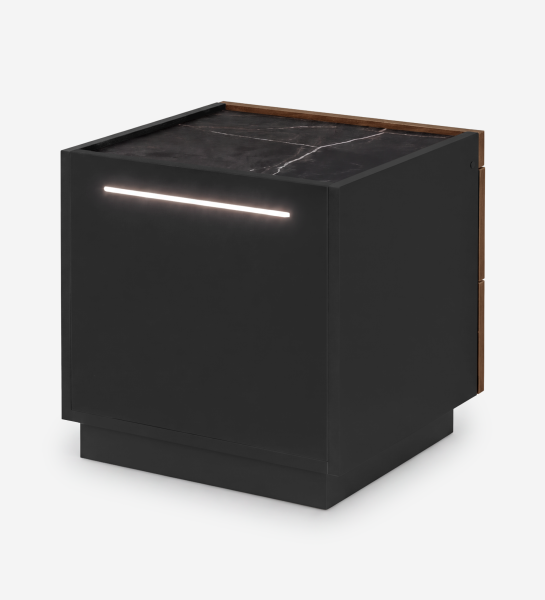 Lagos Bedside Table black cube with marble top, horizontal LED front light and wooden accents