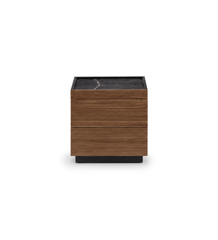 Mesa de Cabeceira com 2 gavetas em nogueira e estrutura a negro com iluminação, tampo em laminado mármore Port Laurent.