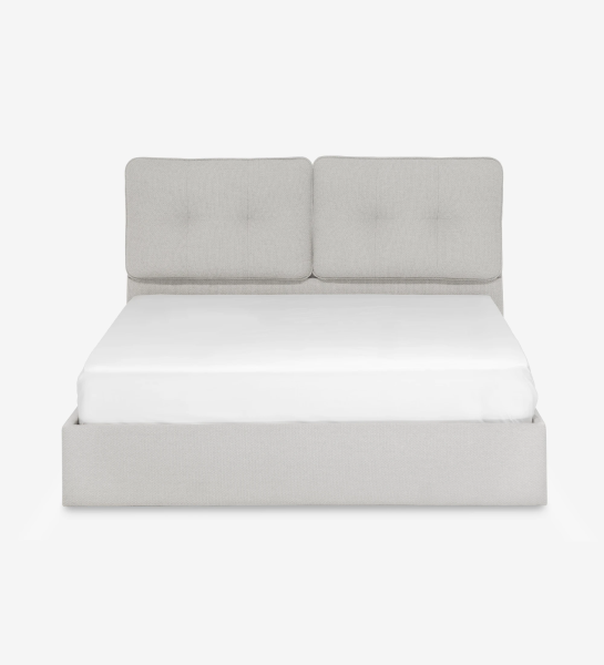 Cama de casal Lagos estofada em tecido cinzento claro com cabeceira almofadada