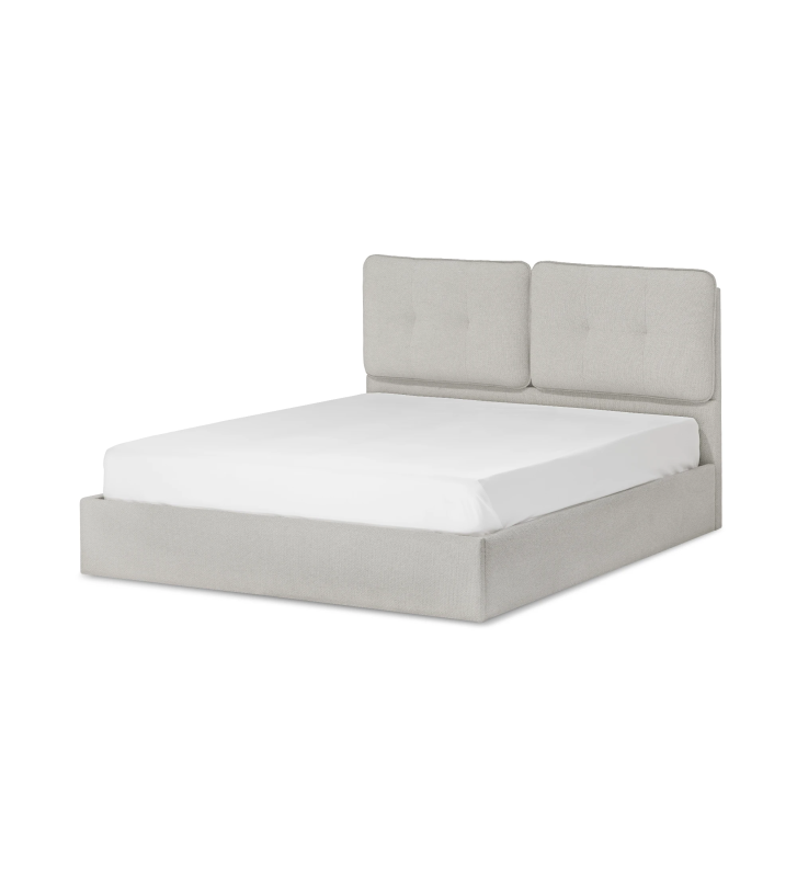 Cama de casal com cabeceira curta, estofada a tecido light grey.