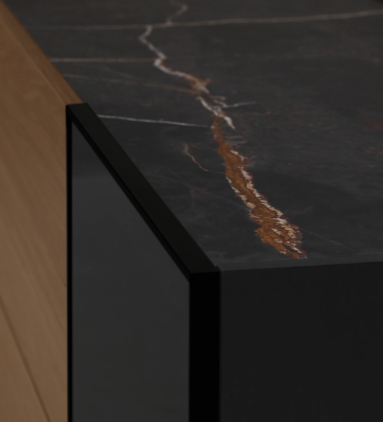 Lagos Sideboard close-up of black cabinet with dark marble top and copper veining