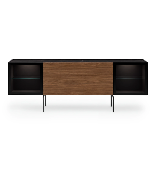 Sideboard with 2 glass doors and 3 central walnut drawers, black structure, Port Laurent marble laminate top, and black lacquered metal legs