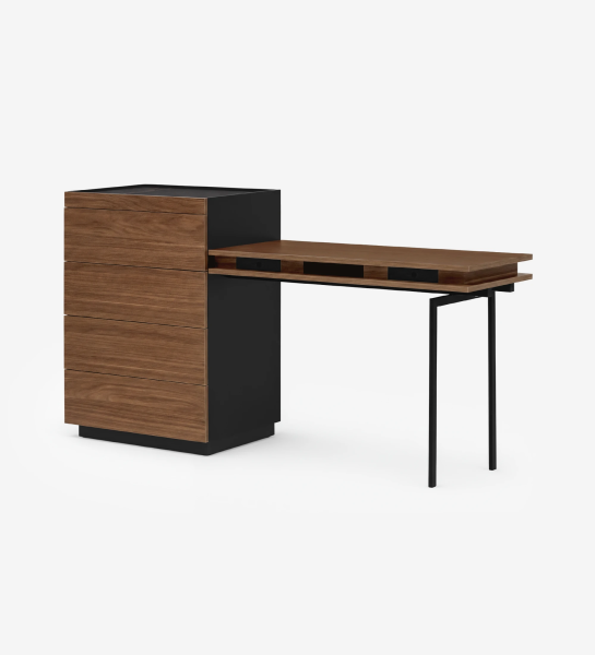 Walnut chest of drawers with attached extendable dressing table and black metal leg