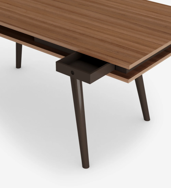 Desk with walnut table top, dark brown lacquered turned legs.