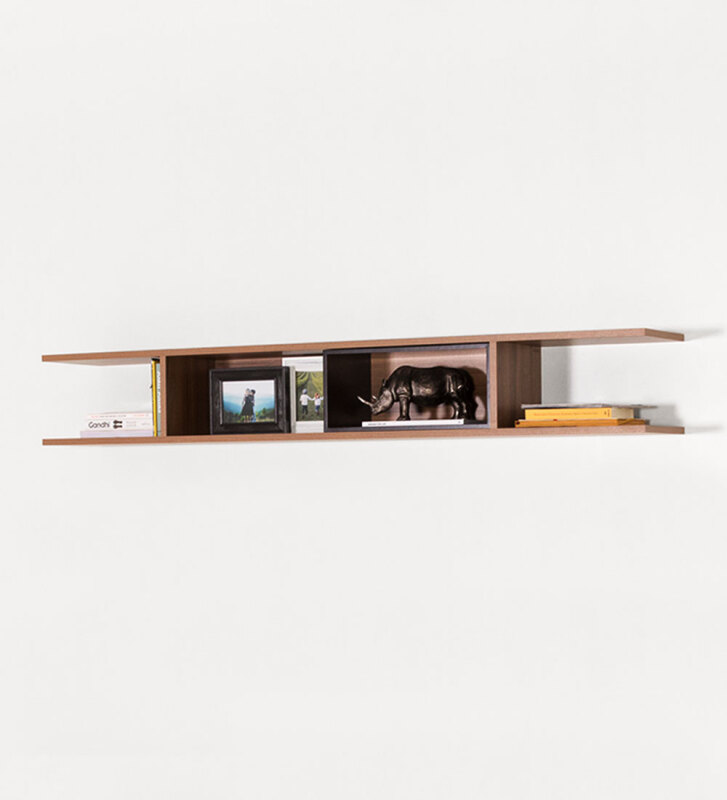 Shelf in walnut, with module lacquered in dark brown.