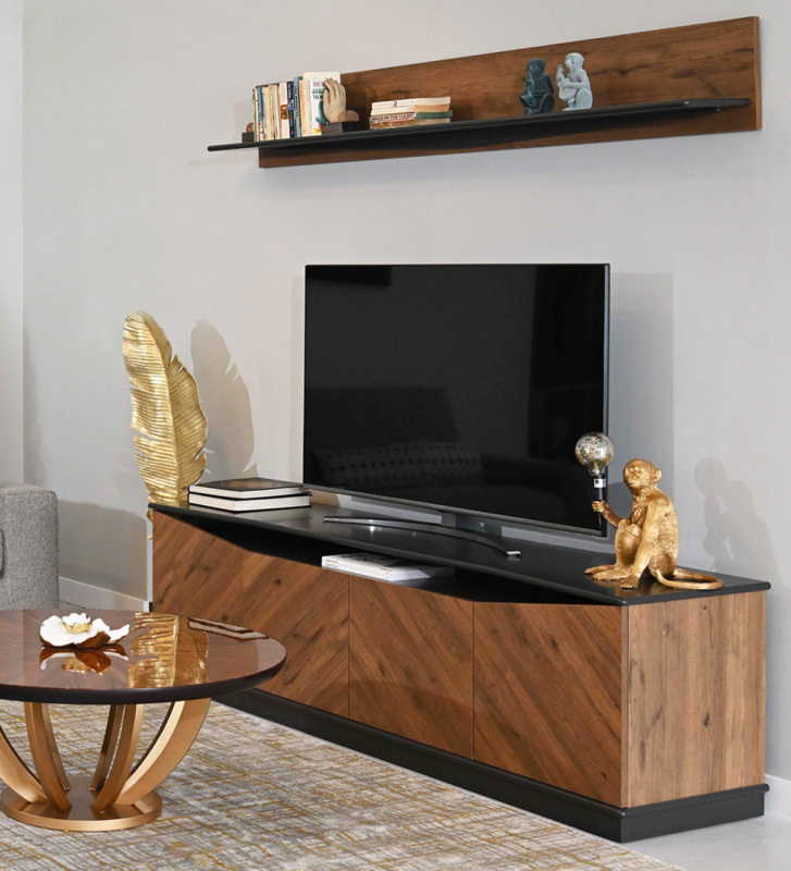 TV Stand with 4 doors and aged oak frame, with black lacquered top and baseboard.