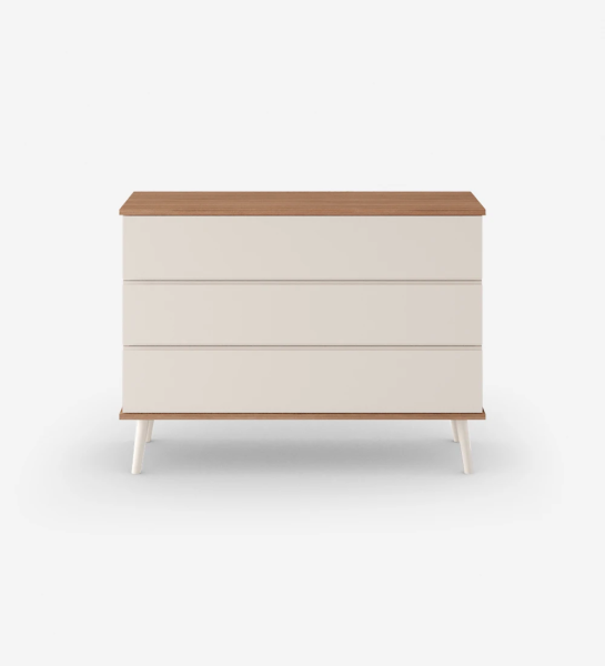 Dresser with 3 drawers with pearl lacquered fronts, pearl lacquered turned legs, walnut structure.