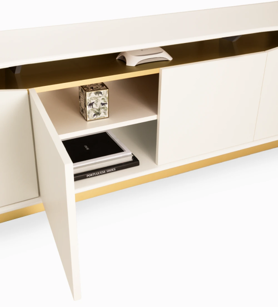 TV Stand with 4 doors and white oak frame, white lacquered top and gold lacquered baseboard.