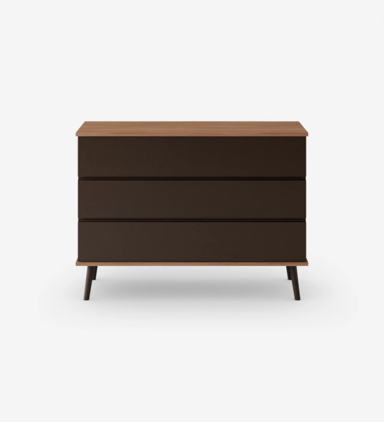 Dresser with 3 drawers with dark brown lacquered fronts, dark brown lacquered turned legs, walnut structure.