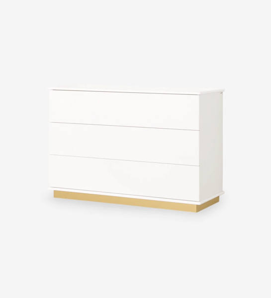 Dresser with 3 drawers, white lacquered top, white oak structure, golden lacquered footer