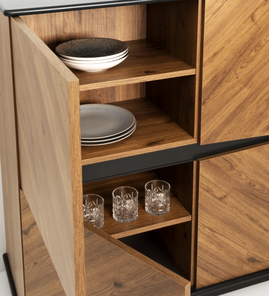 Cupboard with 4 doors and aged oak structure, top, baseboard and detail lacquered in black.