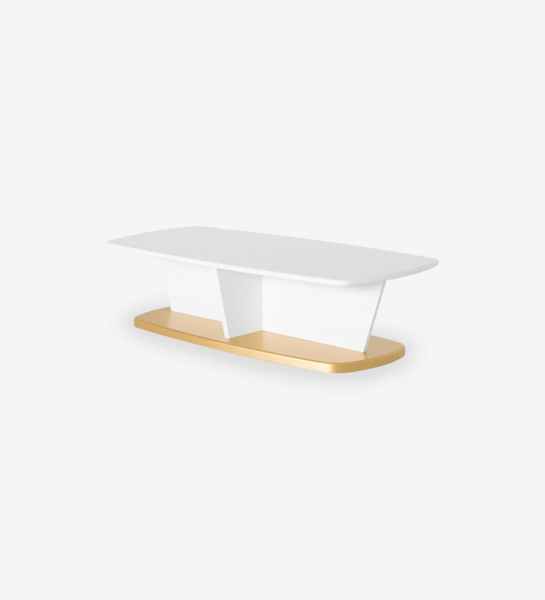 Rectangular center table, with white lacquered top, white oak structure and gold lacquered foot