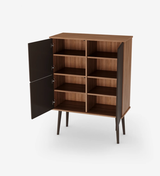 Cupboard with 3 doors and dark brown lacquered legs, walnut structure. 
