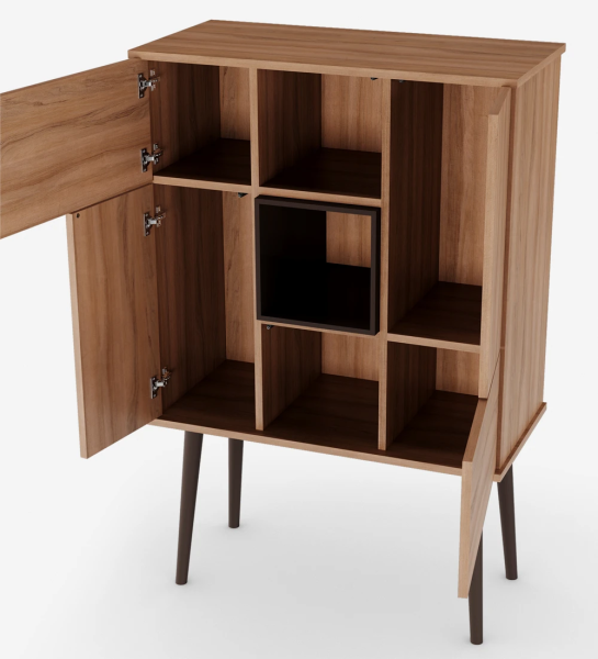 Bar cabinet in walnut, dark brown lacquered module and turned legs.
