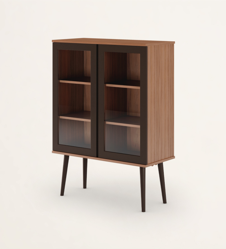 Showcase with 2 dark brown lacquered doors with glass, walnut structure and shelves, dark brown lacquered feet.