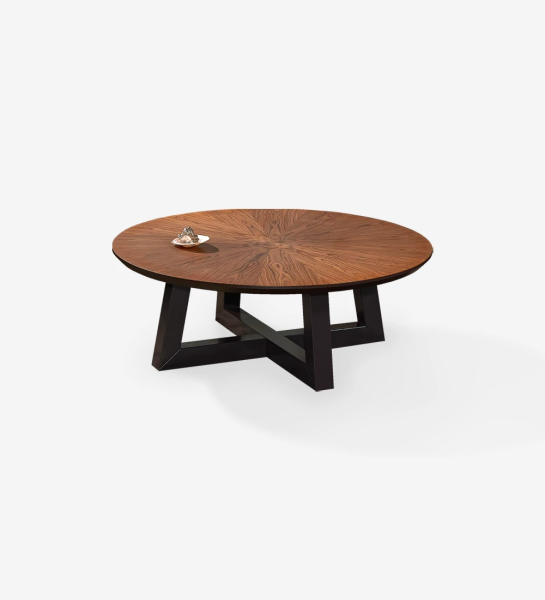 Round center table with walnut top and black lacquered foot