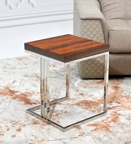 Table d'Appui carrée avec plateau en palissandre brillant et pied en acier inoxydable