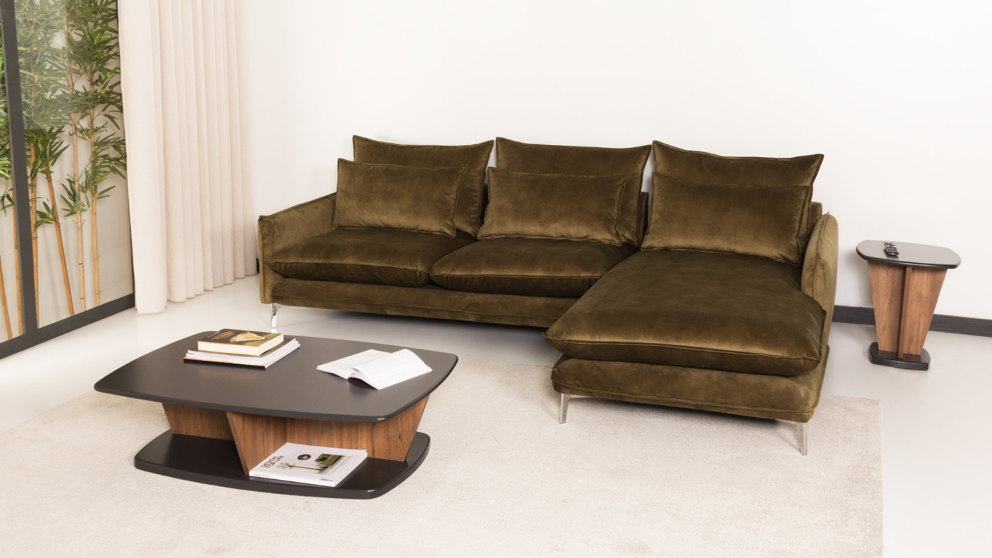 Sofá Com Chaise Longue Veneza | 2 lugares, estofado a tecido Macau Moss