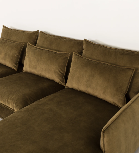 Sofá 2 plazas con chaiselongue, tapizado a tejido con pies metálicos.
