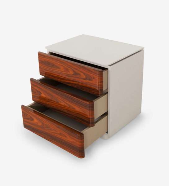 Bedside table with 3 drawers in high gloss palissander, pearl lacquered frame.