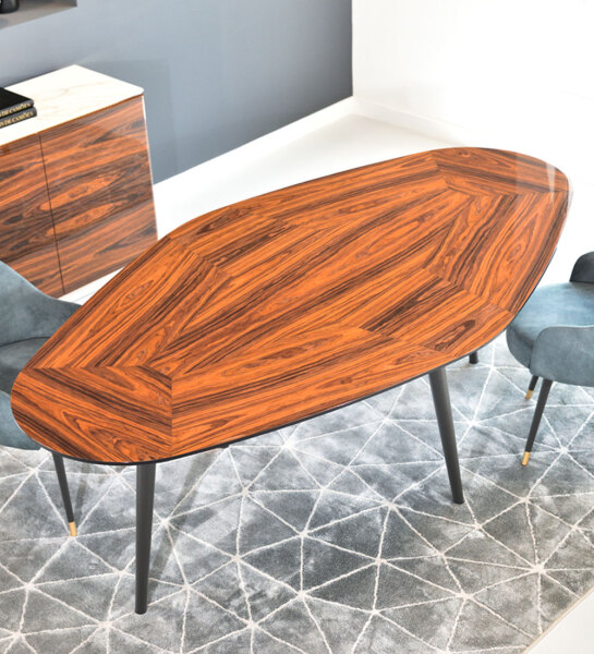 'Trapezoival' dining table with high gloss palissander top and black lacquered legs.