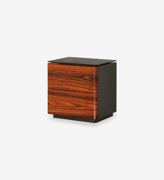 Bedside table with 2 drawers in high gloss palissander, black lacquered frame and black glass top.