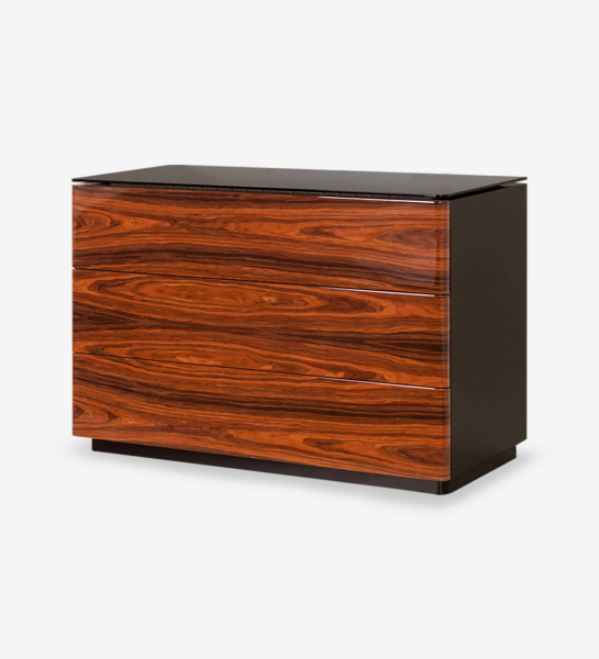 Dresser with 3 drawers in high brightness palisander, with black glass top, black lacquered structure