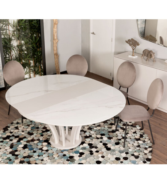Mesa de jantar extensível redonda com tampo em cerâmica e pé lacado a pérola
