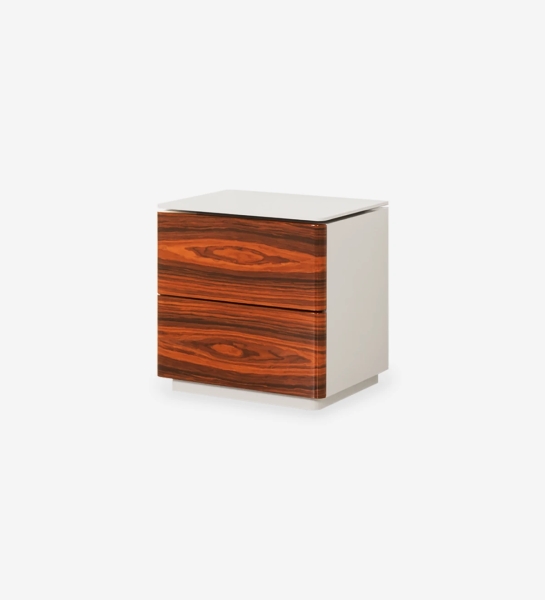 Bedside table with 2 drawers in high gloss palissander, pearl lacquered frame.