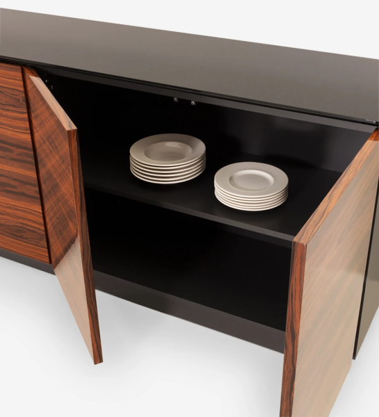 Sideboard with 4 doors in high gloss palissander, with drawer for cutlery, with black glass top, black lacquered structure.