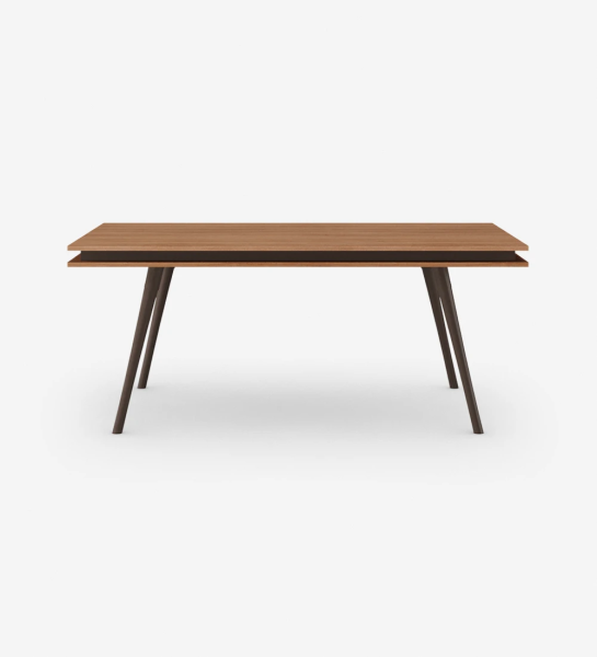 Rectangular dining table with walnut top, dark brown lacquered legs.