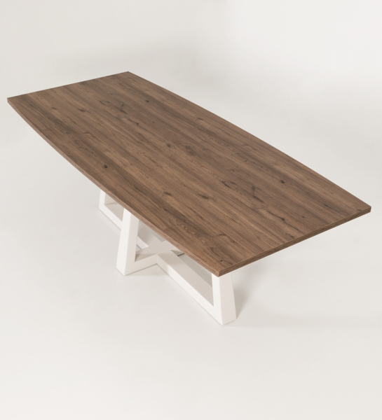 Rectangular dining table with aged oak top and pearl lacquered center foot.