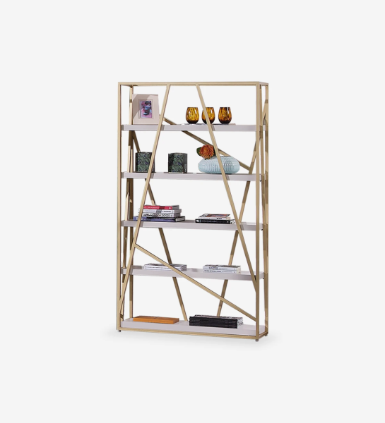 Bookcase with gold lacquered metal structure and 5 pearl lacquered shelves.