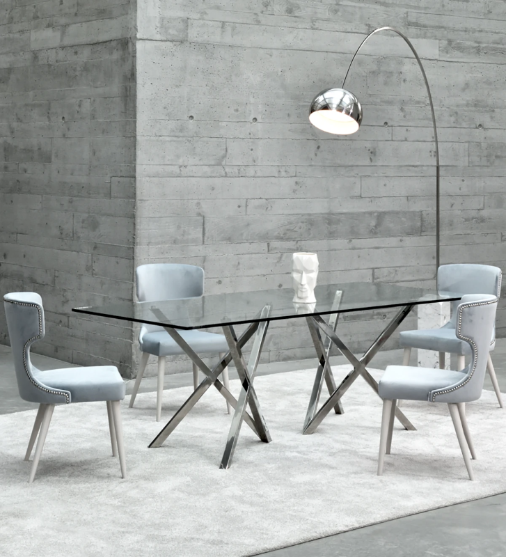 Mesa de jantar Paris retangular 200 x 98 cm, tampo de vidro, pé em inox.