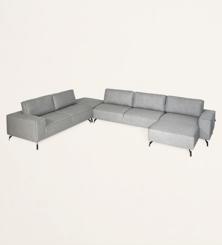 Corner sofa with chaise longue and puff, upholstered in fabric, with black lacquered metal feet.