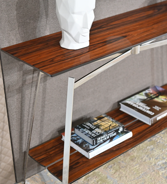 Top and shelf in high brightness palissandro, stainless steel feet.